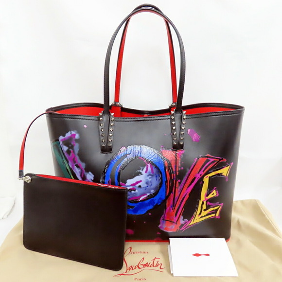Christian Louboutin Black Tote Studded Leather Bag Kabata Pattern Love - Picture 2 of 10